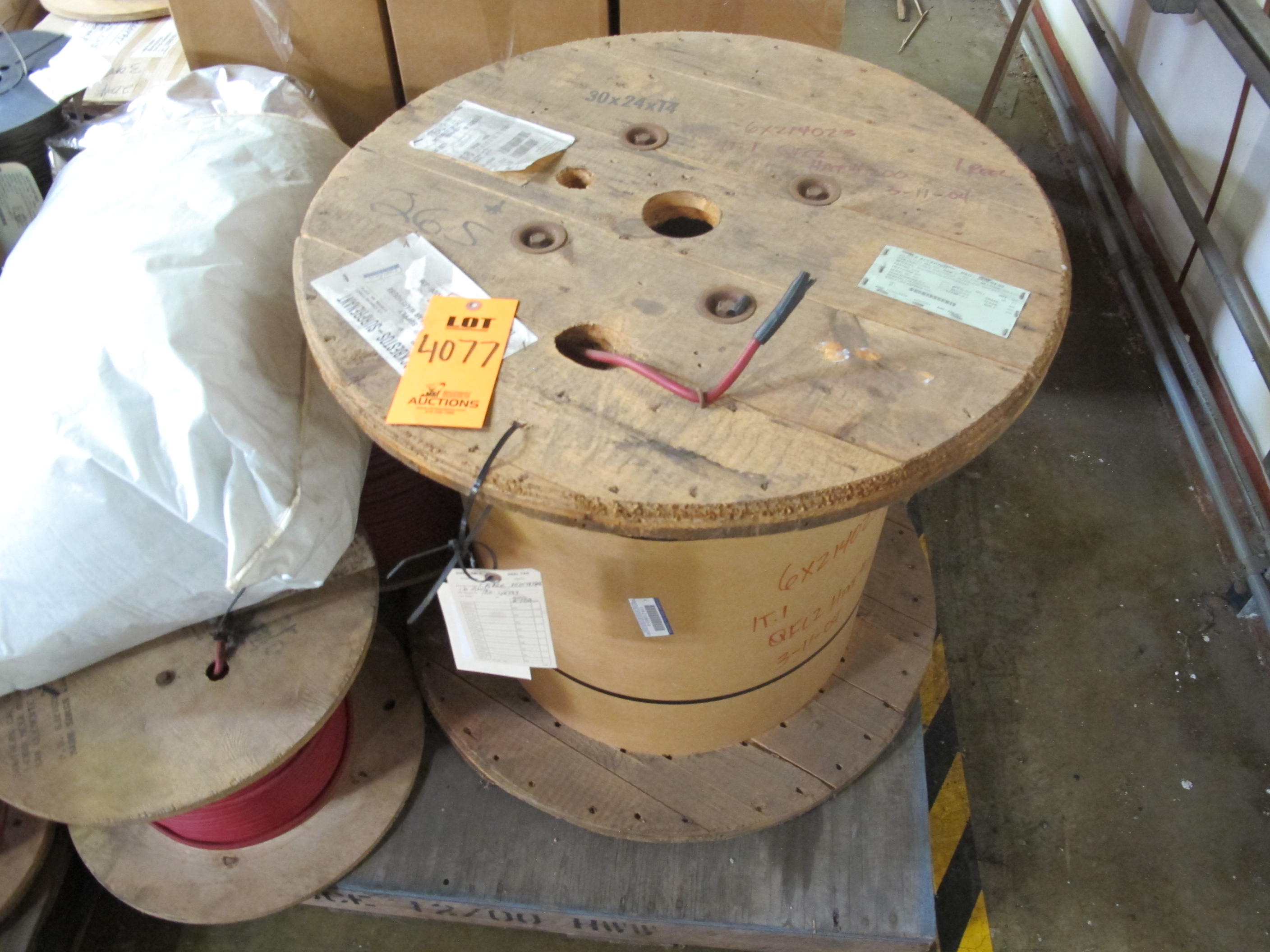 (5 PALLETS) MISC. ELECTRICAL WIRE, AND CABLE! (20+) INDIVIDUAL SPOOLS TO INCLUDE BUT NOT LIMITED TO: (1 SPOOL) CABLE, ELECTRICAL TYPE, 16 AWG SIZE, 600V RATING, COPPER MATERIAL, 3 CONDUCTOR, INSTRUMENTATION KIND. SHIELDED, CROSS-LINKED POLYETHYLENE INSULATED, RED, HYPALON (CSPE) JACKET, FIREWALL III, CABLE CODE J36, (6 SPOOLS) WIRE, ELECTRICAL TYPE, 14 AWG SIZE, 600V 90DEG C OPE RATING, RED COLOR, TEMP RATING, TINNED COPPER MATERIAL, SWITCHBOARD, SIS KIND. INSULATED, WITH HEAT, MOISTURE AND FLAME RESISTANT CROSS LINKED SYNTHETIC POLYMER CONSTRUCTION, ETC.. LOADING & HANDLING FEE $30-4077